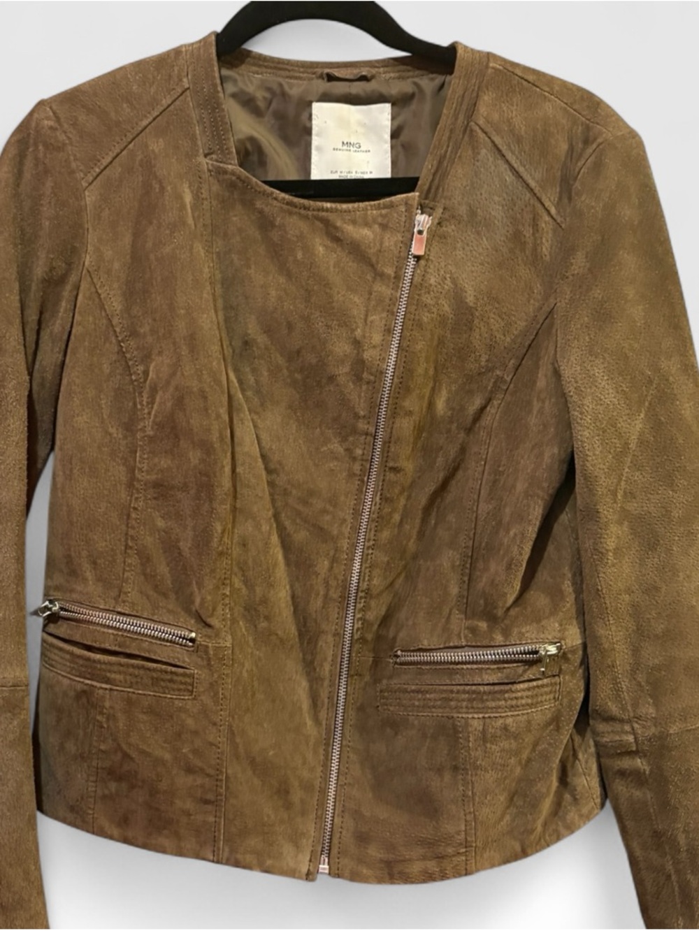 MNG Mango genuine brown Suede leather Asymmetrical Moto jacket s